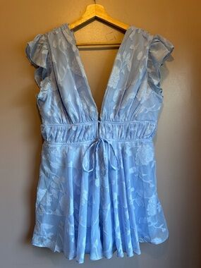 Lulus All About The Flowers Light Blue Burnout Floral Ruffled Romper Size